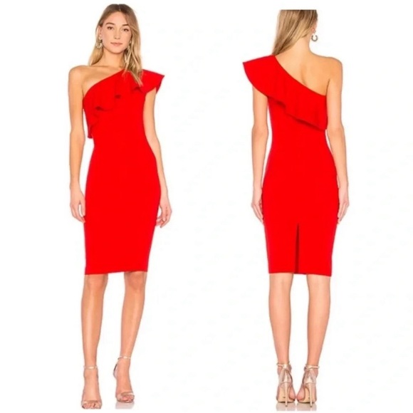 Likely Dresses & Skirts - Likely Red Ruffle One Shoulder Knee Length Dress Size 2 Cocktail Bodycon